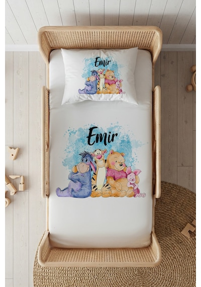 %100 Pamuk Saten İsme Özel İsimli 100x200 Tek Kişilik Lastikli Çarşaf Seti Winnie The Pooh Beyaz
