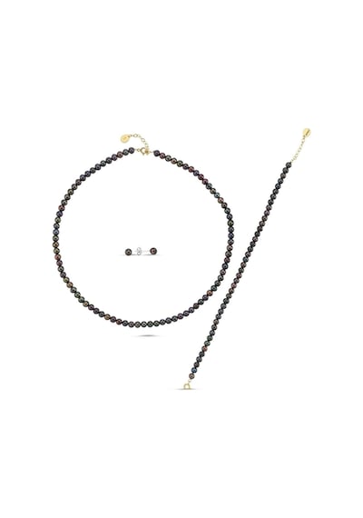 6,5 Mm Siyah İnci Küpe Kolye Bileklik Üçlü Set 45 Cm