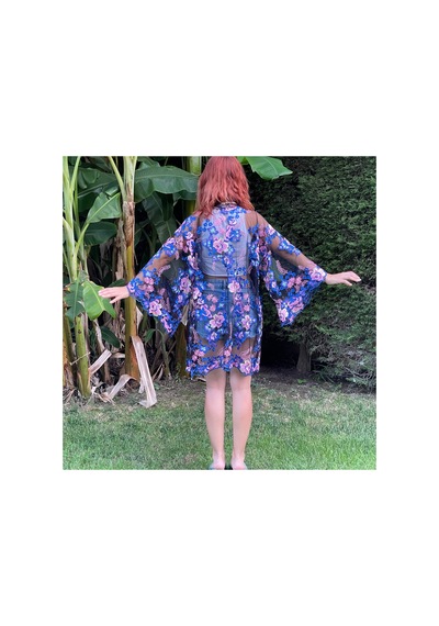 Lila Mare Tül Üzeri Nakışlı Handmade Kimono Renkli Renkli