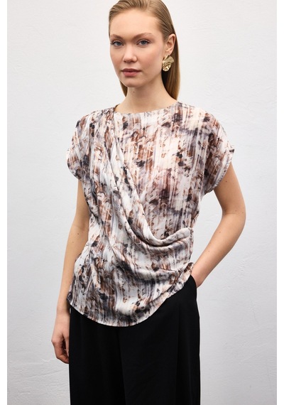 Sateen Pileli Kolsuz Bluz - Kahve-136863 kahve