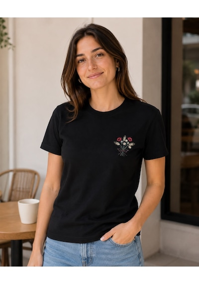 Yubistitch Tshirt Nakış İşlemeli Demet Çiçek- Penye-siyah