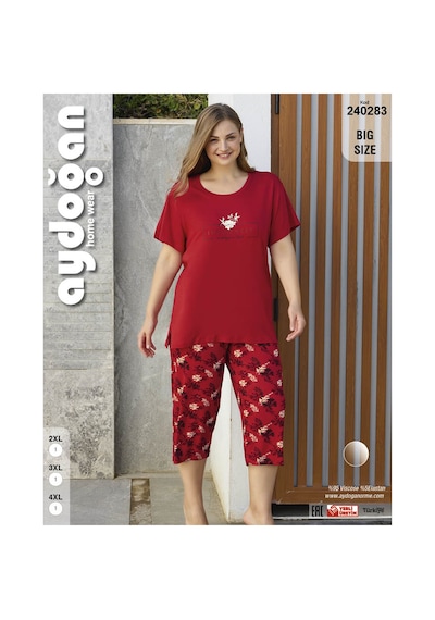 Aydoğan Kadın %95 Viskon %5 Esnek Kısa Kol Kapri Büyük Beden Kırmızı Pijama Takımı -8253