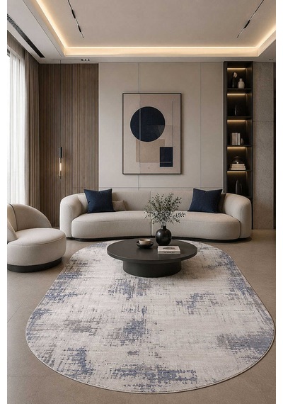 Etro Dekoratif Modern Akrilik Makine Oval Halı Et01 Mavi
