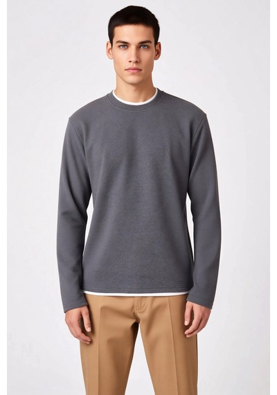 Benerly Erkek Bisiklet Yaka Standart Kol Regular Kalıp Dokulu Sweatshirt Gri