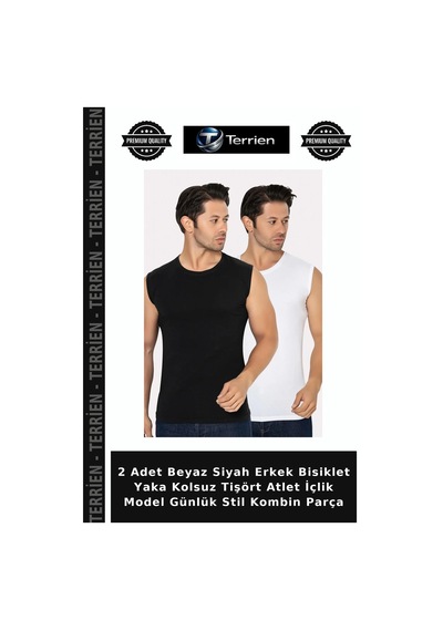 Terrien 2 Adet Beyaz Siyah Erkek Bisiklet Yaka Kolsuz Tişört Atlet İçlik Model Günlük Stil Kombin Parça