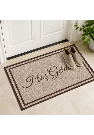 Kartela Halı Hoş Geldiniz Yazılı Çift Çerçeveli Kapı Paspası Kahverengi Kaymaz Kauçuk Taban 50x75 Cm