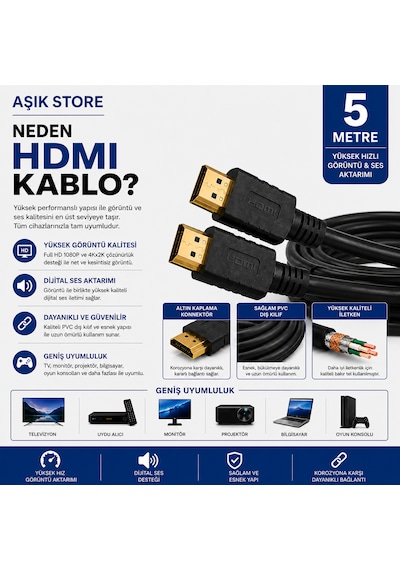 Hdmı Kablo 5 Metre Full Hd 1080p 4kx2k Yüksek Hızlı Görüntü Ve Ses Aktarım Kablosu Altın Kaplama Konnektör Pvc Dış Kılıf