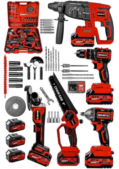 Schatz 21v Darbeli Kömürsüz 5'li Set Kırıcı Delici Hilti - Somun Sıkma Sökme - Testere - Matkap - Vidalama Kırmızı