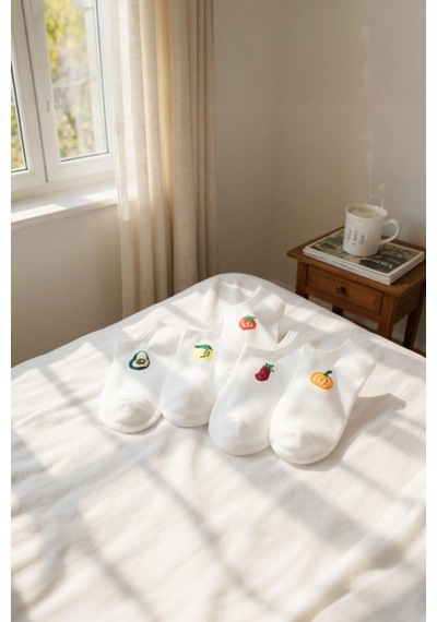 Hitit Socks Kadın 10 Çift Premium Kalite Pamuklu Meyve Desenli Babet Çorap Beyaz