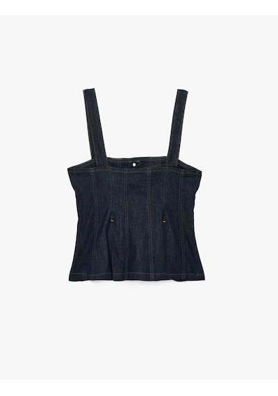 Koton Kare Yaka Kolsuz Pileli Düğme Detaylı Denim Bluz Koyu İndigo 6sal30013md Dark Indigo