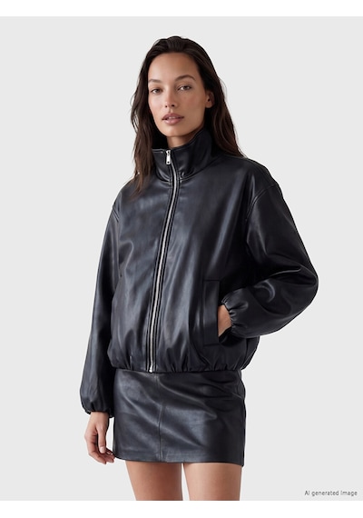 Lcwaıkıkı Classic Siyah Oversize Kadın Bomber Deri Görünümlü Ceket