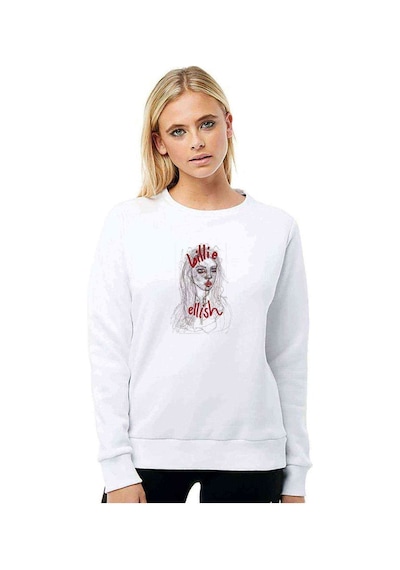 Billi E Eilish Karakalem Çizim Baskılı Beyaz Kadın Sweatshirt