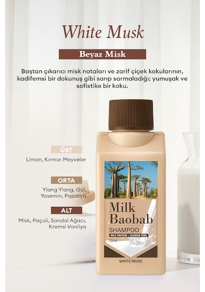 Yıpranmış Saçları Onaran Yoğun Nemlendirici Şampuan Mılk Baobab Original Shampoo White Musk 70ml Tüm Saç Tipleri