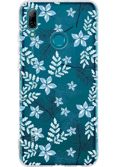 Huawei P Smart 2019 Uyumlu Kapak Floral Mavi Tasarımlı Şeffaf Silikon Kılıf