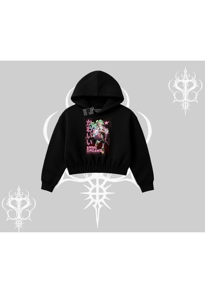 Startmore Kapşonlu Crop Sweatshirt Anime Kawaii Japon Kız Desenli Siyah