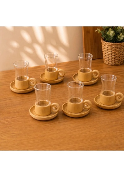 Lb 12 Parça Çay Seti - Bambu Bardak Altığı - Çift Cidarlı Cam - 150 Ml Çok Renkli