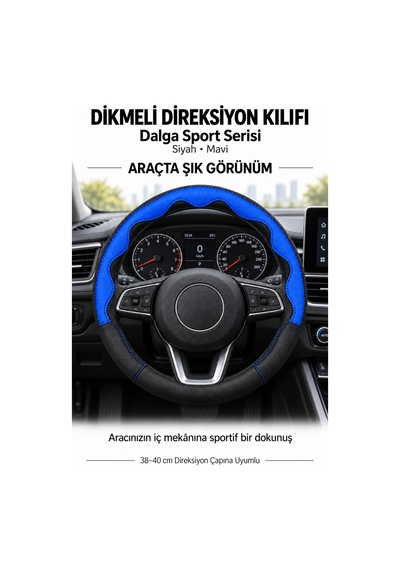 Trobus Toyota Corolla 1993-1998 Uyumlu Dikmeli Direksiyon Kılıfı Dalga Sport Deri Siyah Mavi Siyah - Mavi