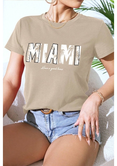 Uyguntarz Unisex Miami Baskılı Oversize Tshirt Bej
