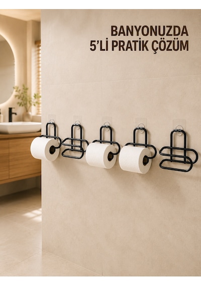 5 Adet Duvara Yapışkanlı Wc Kağıtlık Delmeden Montaj Siyah Metal Tuvalet Kağıdı Askısı