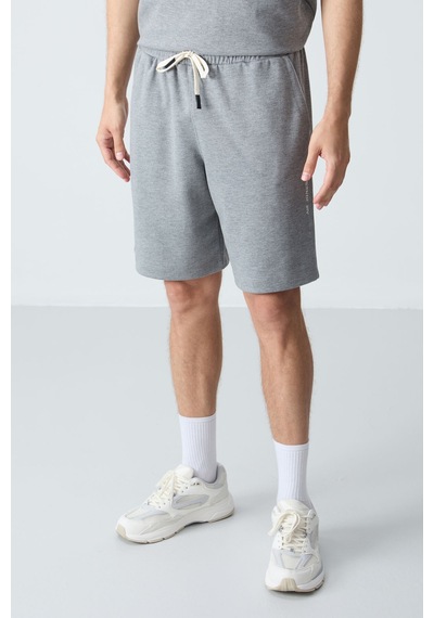 Tommy Life Gri Melanj Pamuklu Kalın Yumuşak Dokulu Oversize Fit Basic Erkek Şort Takım - 85257 GRİ MELANJ