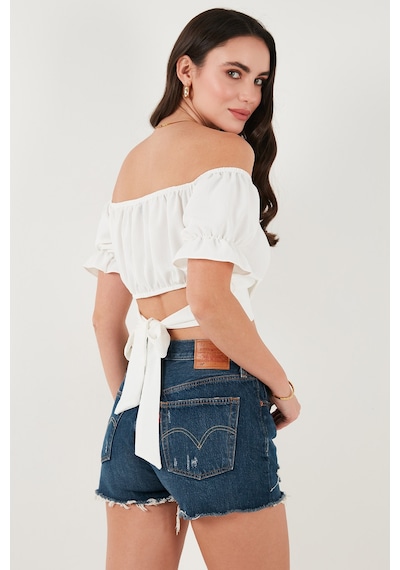 Lela Regular Fit Madonna Yaka Bağlama Detaylı Crop Bayan Bluz 6527017 Beyaz