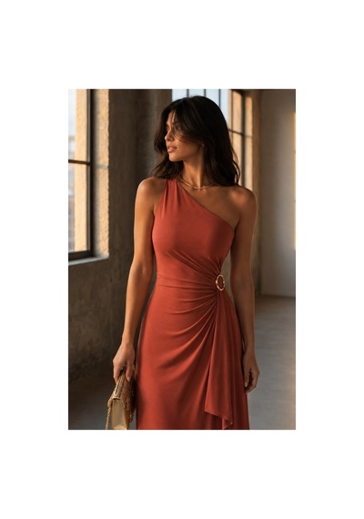 DefyModa Kadın Modern Stil Tek Omuz Kemerli Maxi Abiye Elbise Kahverengi