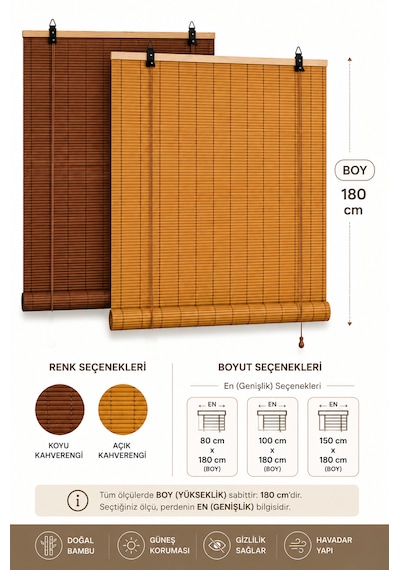 Ahşap Doğal Bambu Katlamalı Stor Perde Güneş Kırıcı Dekoratif Bahçe Balkon Ev Pencere Güneşlik Açık Kahverengi