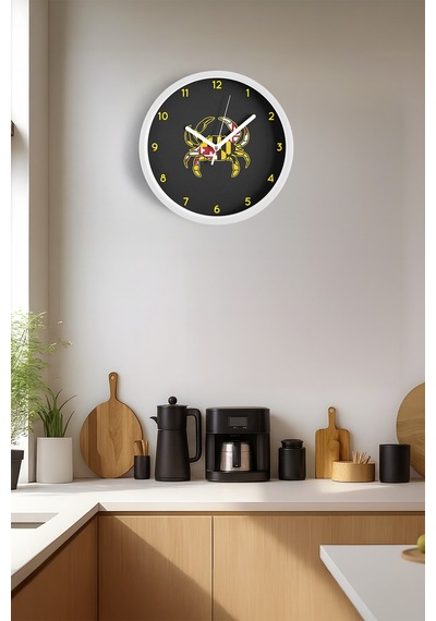 Modern Yengeç Motifi Duvar Saati - 30cm - Önü Camlı Beyaz Kasa - Sessiz Mekanizma Beyaz