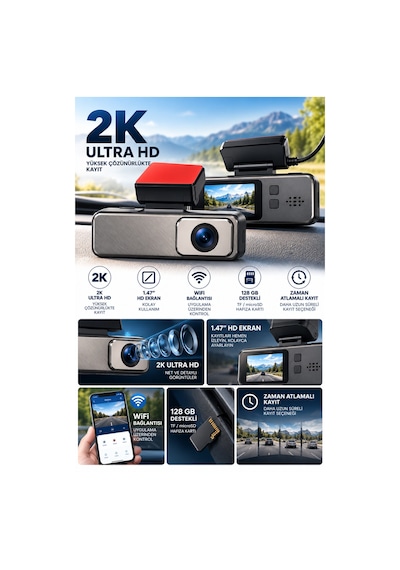 2k Ultra Hd Wifi Araç Kamerası 1.47 İnç Hd Ekran, Zaman Atlamalı Kayıt, Özel Araç Güç Bağlantı Seti-15119