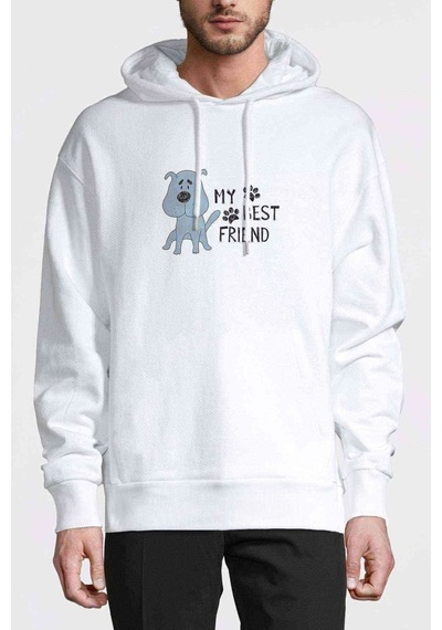 My Best Friend Baskılı Beyaz Erkek Örme Kapşonlu Sweatshirt
