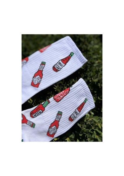 Lousocks Unisex Acı Sos Şişesi Desenli Beyaz Tenis Çorap