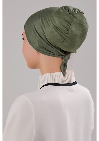 Melodi Scarf Tesettür Geçmeli Bağcıklı Viskon Likralı Bone Haki Haki