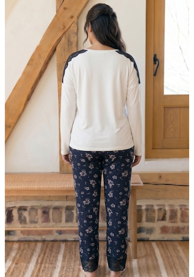 Siyah İnci Ekru Desenli Büyük Beden Battal Boy Viskon Örme Pijama Takım 26224809