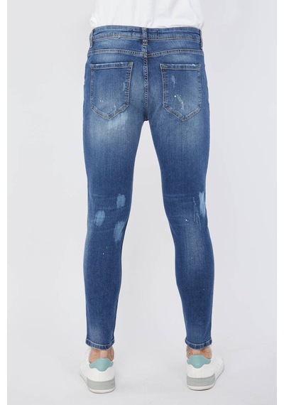 Blue White Erkek Skinny Fit Yırtık Detaylı Jean Koyu Mavi 26