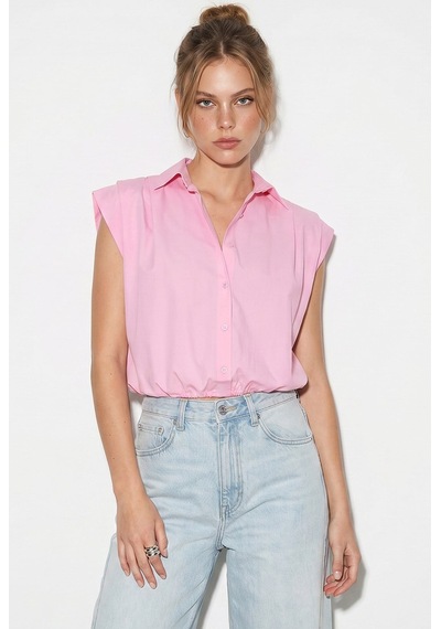 Kadın Kolsuz Gömlek Yaka Beli Lastikli Balon Crop Gömlek Dg261030 60286343 - Pembe