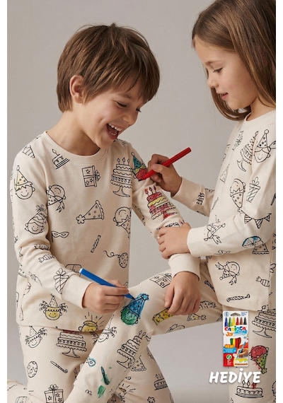 Zuzunga Boyanabilir Doğum Günü Temalı Çocuk Pijama Takımı Yıkanabilir 6-lı Kalem Hediyeli Ekru