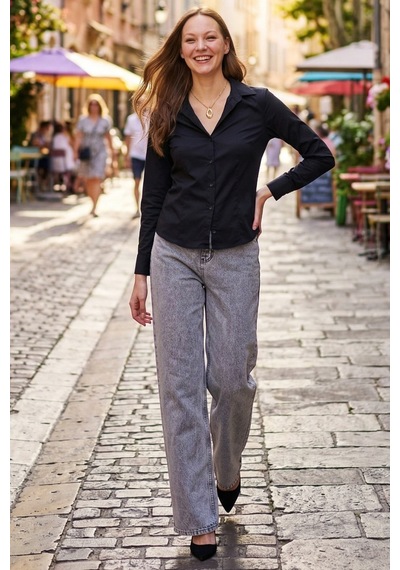 Tudors Kadın Slim Fit Dar Kesim Klasik Yaka Uzun Kollu Siyah Gömlek-40350 Siyah