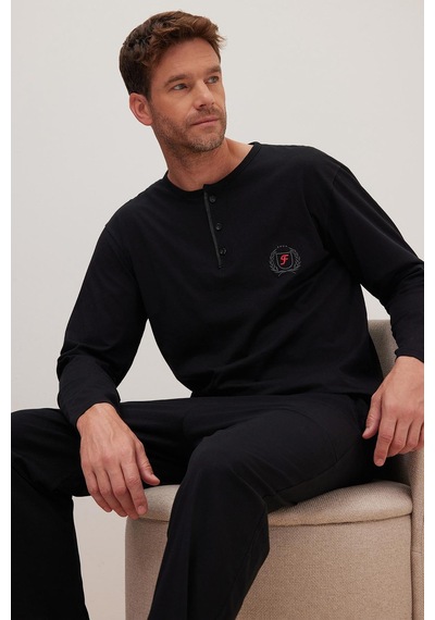 Tudors Erkek Standart Fit %100 Pamuk Bisiklet Yaka Beli Lastikli Siyah Pijama Takımı-37949 Siyah