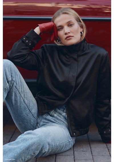 Sateen Saten Bomber Ceket - Siyah-137970