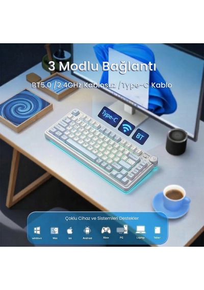 Aula Au75 3 Modlu Mekanik Gaming Kablosuz Klavye Rgb Tkl Hot Swap Star Vector Switch Makrolu Oyuncu Klavyesi Buz Mavisi