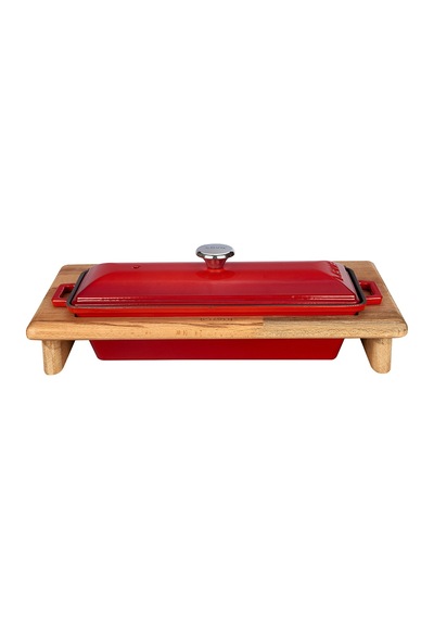 Lava Döküm Ekmek Tenceresi / Kayın Ağacı Servis Standı / Terrine Serisi. Ölçü 11x29cm. - Kırmızı