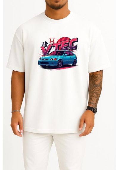 Bahriyeli Collection Oversize Honda Civic Vtec Hb Göğüs Tasarımlı Unisex T-shirt Beyaz