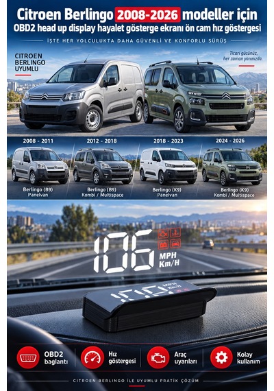 Citroen Berlingo 2008-2026 Modeller İçin Obd2 Head Up Display Hayalet Gösterge Ekranı Ön Cam Hız Göstergesi