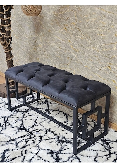 Siyah Boyalı İçi Kareli Diktörtgen 100 Cm X 40 Cm Oturak Puf - Be Çok Renkli