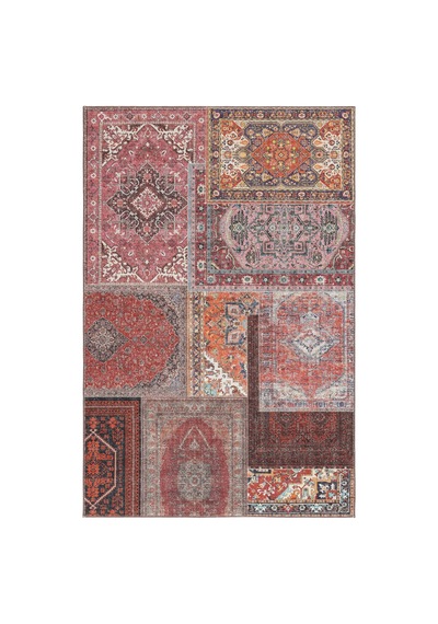 Cool Halı Patchwork Kırmızı Kiremit Vintage Eskitme Bohem Şönil İnce Halı Salon Oturma Odası Halısı