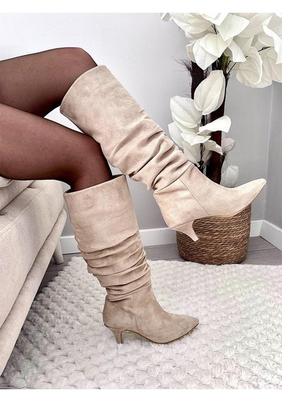 Asmi Shoes Kadın Oslo Topuklu Körüklü Şık Tarz Günlük Rahat Çizme Bej Süet Bej