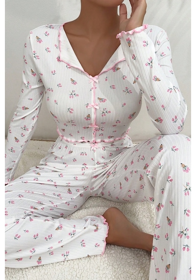 Merry See Baskılı Özel Kumaş Pijama Takımı Beyaz