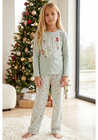 Siyah İnci Yılbaşı Temalı Pamuklu Likralı Örme Pijama Takım26241178 Yeşil