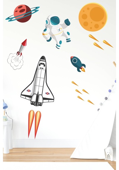 MSticker Sevimli Astronot, Uzay Mekiği, Gezegen Sticker Seti Çocuk Bebek Odası