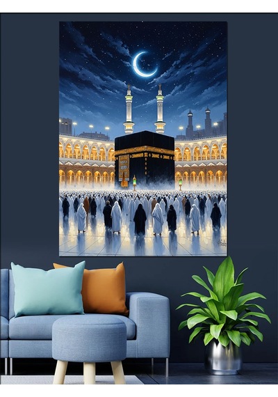 Ay Işığı Altında Kabe Görseli Dekoratif Kanvas - Mdf Ahşap Tablo